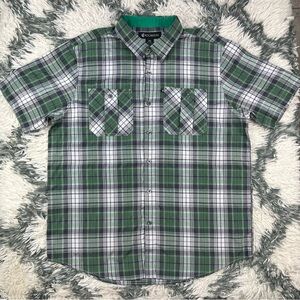 Rocawear Men’s Green Black White Plaid Short Sleeve Button Size 2XL